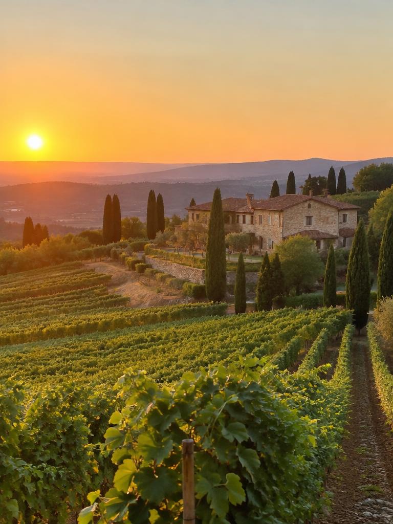 Vineyard rows and stone villa at sunset